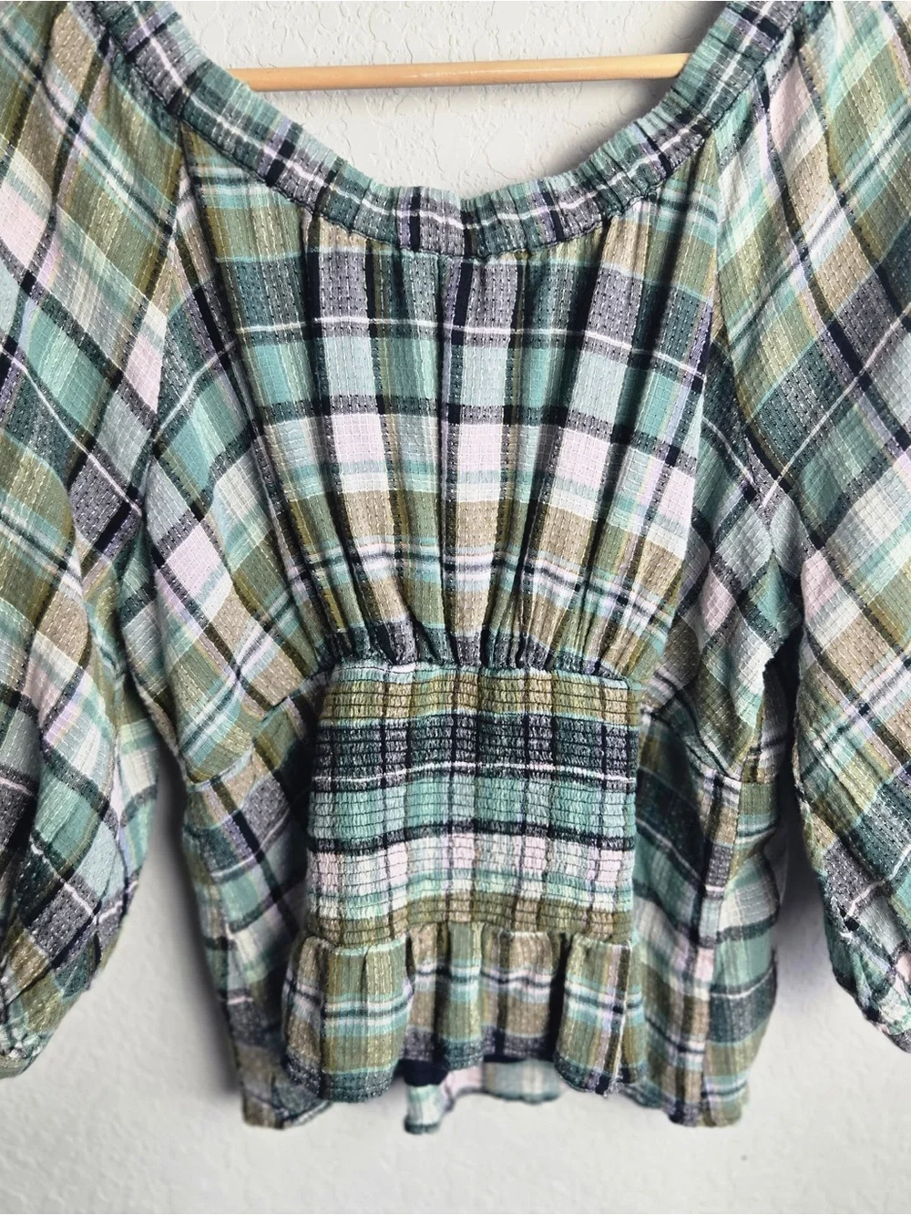Free People Teagan Top L Teal Plaid Cotton Puff Sleeve Off Shoulder Peplum Boho